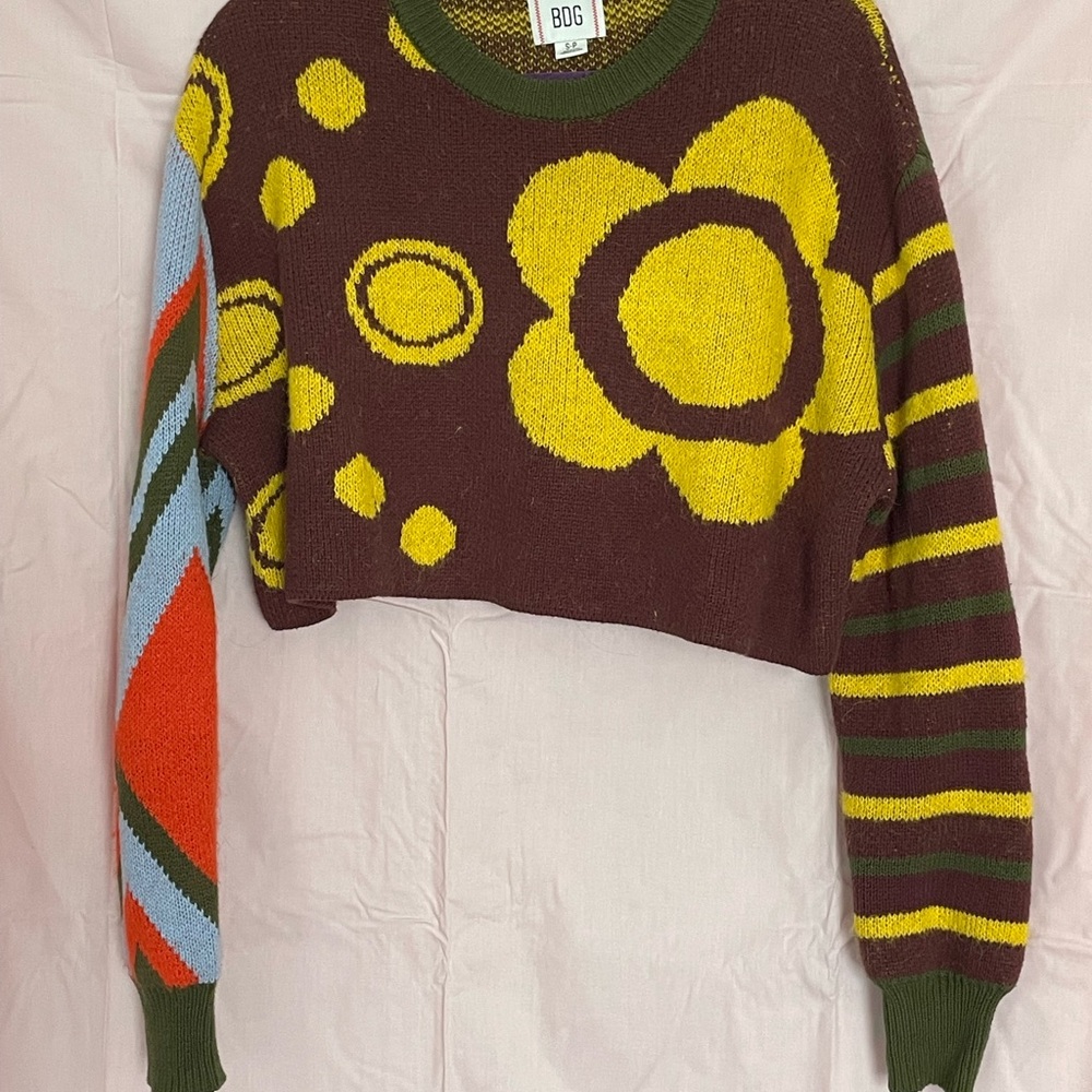 BDG Yellow and Brown Crew Neck Sweater Retro Floral Design